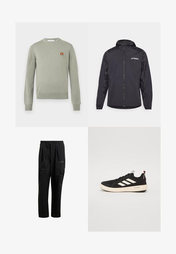 Juodas Terrex džemperis su gobtuvu, užtrauktuku ir raštuotomis rankovėmis. Pagamintas iš lengvo audinio, turi elastines rankovių apykakles ir tiesią juostą.; Šviesiai žalias megztinis su ilgomisRankovėmis ir apvaliu iškirpimu. Krame yra mažas išsiuvinėtas lapės galvos motyvas. Minkšta tekstūra.; Juodi krovinių kelnės, pagamintos iš lengvos medžiagos, su elastingu juosmeniu, šoniniais kišenėmis ir subtiliu logotipu ant šlaunies.; Juodas sportinis batelis su baltu trimis juostomis logotipu, tekstiline viršūne, guminėmis padais, lengvu dizainu ir raudonu akcentu ant kulno.