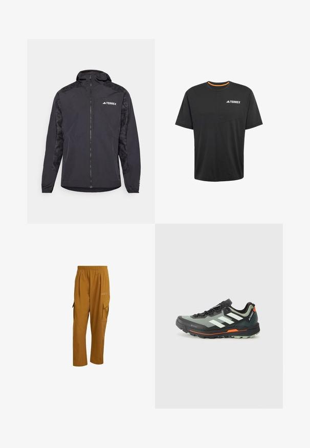 Zwarte Terrex-jack met een capuchon, ritsclosure en bedrukte mouwen. Gemaakt van lichtgewicht materiaal met elastische manchetten en een rechte zoom.; Zwarte T-shirt met korte mouwen van lichtgewicht stof. Bevat een contrasterende oranje halslijn en een witte "TERREX"-logo op de borst.; adidas Terrex Broek - bronze strata; Lichte trailrunningschoen met een grijs en zwart mesh bovenwerk, oranje accenten en een robuuste buitenzool voor grip. Waterdichte Gore-Tex voering.
