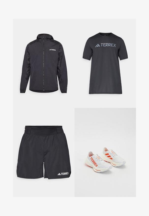 Schwarze Terrex-Jacke mit Kapuze, Reißverschluss und gemusterten Ärmeln. Hergestellt aus leichtem Material mit elastischen Bündchen und geradem Saum.; Schwarzes T-Shirt mit kurzen Ärmeln aus leichtem Stoff, mit einem hellgrauen "TERREX"-Logo auf der Brust und einem Rundhalsausschnitt.; Schwarze Sportshorts mit einem dehnbaren Bund, aus leichtem Material gefertigt. Mit einem weißen "TERREX"-Logo an der unteren linken Seite.; Weiße Sportschuhe mit orangefarbenen Akzenten, ausgestattet mit "TERREX" Branding, einem Obermaterial aus Mesh, einer gepolsterten Sohle und einer strukturierten Gummi-Außensohle.
