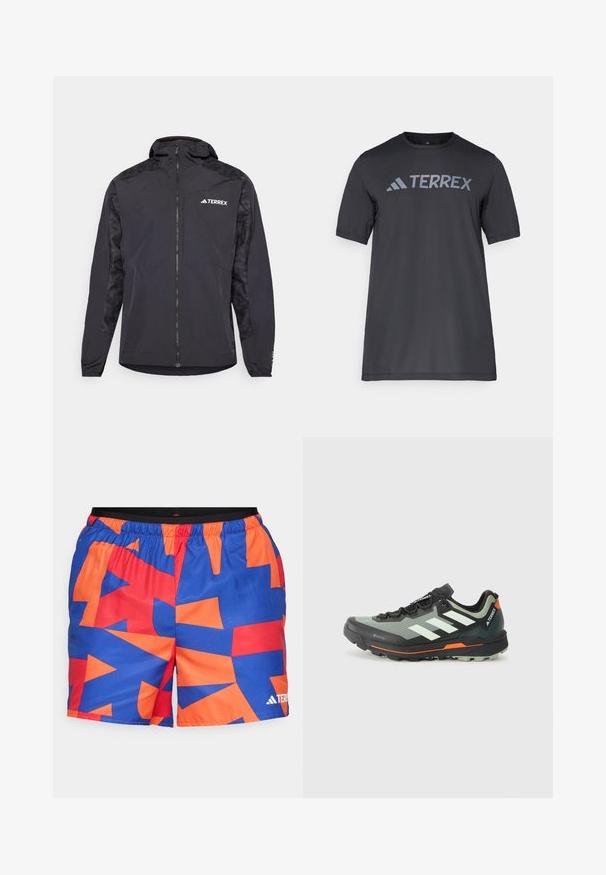 Schwarze Terrex-Jacke mit Kapuze, Reißverschluss und gemusterten Ärmeln. Hergestellt aus leichtem Material mit elastischen Bündchen und geradem Saum.; Schwarzes T-Shirt mit kurzen Ärmeln aus leichtem Stoff, mit einem hellgrauen "TERREX"-Logo auf der Brust und einem Rundhalsausschnitt.; Schwimmshorts aus leichtem Stoff mit einem geometrischen Muster in Blau, Orange und Rot, ausgestattet mit einem elastischen Bund und einem Logodetail.; Leichtgewichtiger Trailrunning-Schuh mit einem grauen und schwarzen Mesh-Obermaterial, orangefarbenen Akzenten und einer robusten Außensohle für besseren Halt. Wasserdichte Gore-Tex-Beschichtung.