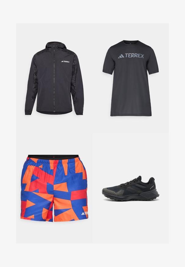 Musta Terrex-takki, jossa on huppu, vetoketjusulku ja kuviolliset hihat. Valmistettu kevyestä materiaalista, jossa on joustavat hihansuut ja suora helma.; Musta lyhythihainen t-paita kevyestä kankaasta, jossa on vaaleanharmaa "TERREX" -logo rinnassa ja pyöreä kaula-aukko.; Uimashortsit, jotka on valmistettu kevyestä kankaasta, sinisellä, oranssilla ja punaisella geometrisella kuviolla, elastisella vyötärönauhalla ja logotiedolla.; Mustat urheilukengät tekstuurilla varustetulla verkkomateriaalilla, kumipohjalla ja huomattavilla harmailla yksityiskohdilla kärjessä ja sivupaneeleissa. Vahvistettu kantapään muotoilu.