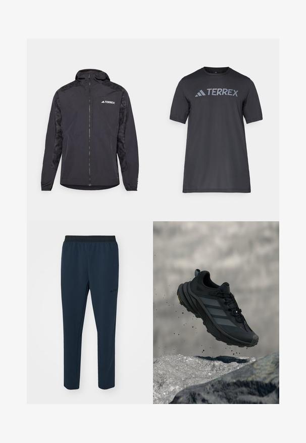 Schwarze Terrex-Jacke mit Kapuze, Reißverschluss und gemusterten Ärmeln. Hergestellt aus leichtem Material mit elastischen Bündchen und geradem Saum.; Schwarzes T-Shirt mit kurzen Ärmeln aus leichtem Stoff, mit einem hellgrauen "TERREX"-Logo auf der Brust und einem Rundhalsausschnitt.; adidas Terrex MT - Jogginghose - aurora ink; Schwarzer Wanderschuh mit einer strukturierten Oberseite, drei grauen Streifen und einem gepolsterten Kragen. Verfügt über eine robuste Sohle für Traktion und Stabilität.