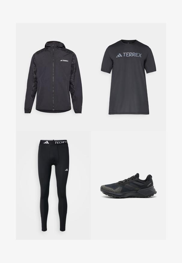 Schwarze Terrex-Jacke mit Kapuze, Reißverschluss und gemusterten Ärmeln. Hergestellt aus leichtem Material mit elastischen Bündchen und geradem Saum.; Schwarzes T-Shirt mit kurzen Ärmeln aus leichtem Stoff, mit einem hellgrauen "TERREX"-Logo auf der Brust und einem Rundhalsausschnitt.; Schwarze Sportleggins, enganliegendes Design, aus glattem, dehnbarem Material gefertigt. Mit einem Bund, der mit "TECHFIT" und weißen Logo-Akzenten versehen ist.; Schwarze Sportschuhe mit einem strukturierten Mesh-Obermaterial, Gummisohle und auffälligen grauen Akzenten an der Zehe und den Seitenwänden. Verstärktes Fersendesign.
