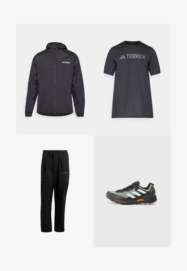 Fekete Terrex dzseki kapucnival, cipzáras záródással és mintás ujjakra. Könnyű anyagból készült, elasztikus mandzsettákkal és egyenes aljjal.; Fekete, rövid ujjú póló, könnyű anyagból készült, világosszürke „TERREX” logóval a mellrészen és kerek nyakkivágással.; Fekete cargo nadrág könnyű anyagból, rugalmas derékkal, oldalsó zsebekkel és diszkrét logóval a combon.; Könnyű terepfutó cipő szürke és fekete hálós felsőrésszel, narancssárga elemekkel és barázdált talppal a tapadásért. Vízálló Gore-Tex bélés.