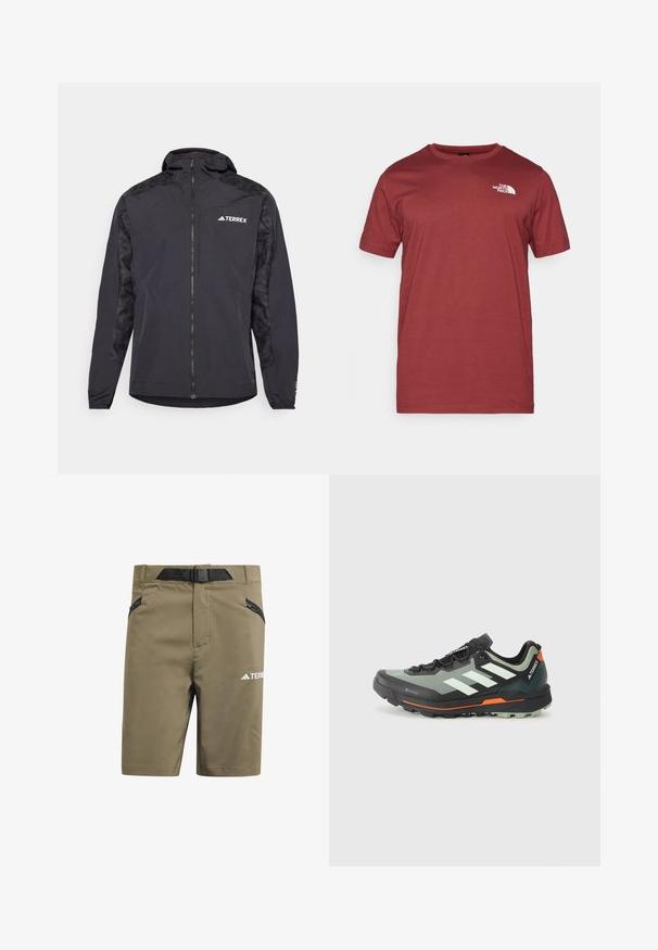 Μαύρο μπουφάν Terrex με κουκούλα, κλείσιμο με φερμουάρ και μοτίβο στα μανίκια. Κατασκευασμένο από ελαφρύ υλικό με ελαστικές μανσέτες και ίσια στρίφωμα.; The North Face M SS BOX NSE TEE - Μπλουζάκι με στάμπα - sumac/asphalt grey; Χακί σορτς από μαλακό, αναπνεύσιμο ύφασμα. Διαθέτει μαύρη ρυθμιζόμενη μέση και τσέπες με φερμουάρ. Περιλαμβάνει λεπτομέρεια με λευκό λογότυπο.; Ελαφρύ παπούτσι τρεξίματος σε μονοπάτια με γκρι και μαύρο πλέγμα επάνω, πορτοκαλί λεπτομέρειες και ανθεκτική σόλα για πρόσφυση. Αδιάβροχη επένδυση Gore-Tex.