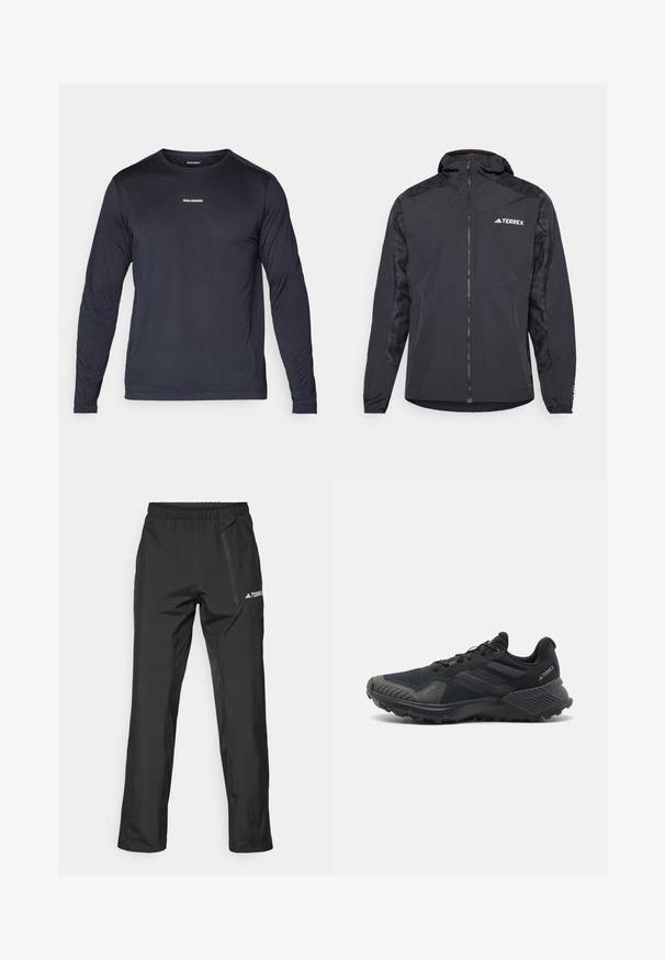 Schwarze Terrex-Jacke mit Kapuze, Reißverschluss und gemusterten Ärmeln. Hergestellt aus leichtem Material mit elastischen Bündchen und geradem Saum.; Langärmliges, marineblaues Sportshirt aus leichtem, atmungsaktivem Material mit strukturierter Oberfläche und kleinem weißen Logo auf der Brust.; Schwarze, leichte Outdoor-Hose mit elastischem Bund, Reißverschlusstaschen und gedrucktem Logo. Glatte Textur und gerade Beinführung.; Schwarze Sportschuhe mit einem strukturierten Mesh-Obermaterial, Gummisohle und auffälligen grauen Akzenten an der Zehe und den Seitenwänden. Verstärktes Fersendesign.