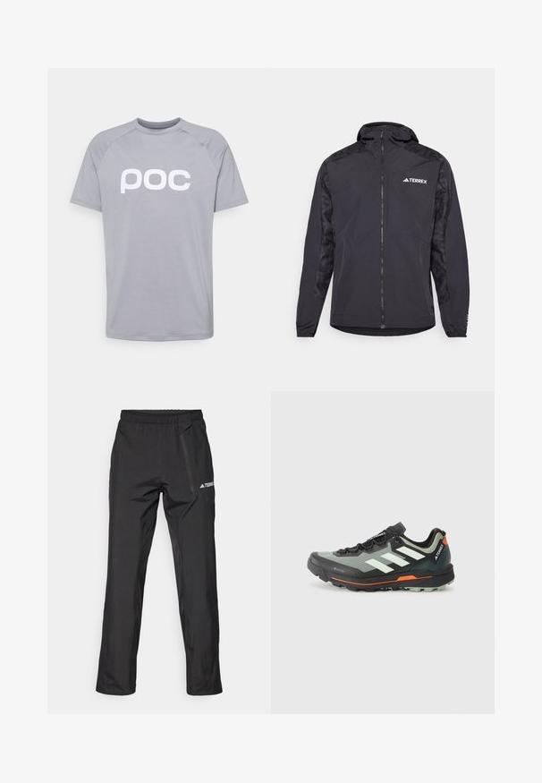 Must teravõõr, millel on kapuuts, tõmblukk ja mustrilised varrukad. Valmistatud kerge materjali, elastsete mansettide ja sirge allääriga.; Hallide lühikeste varrukatega t-särk, mis on valmistatud siledast kangast, ümmarguse kaelusega ja raglanvarrukatega. Esiküljel on suur valge "poc" logo.; Mustad kergekaalulised välispüksid elastse vöökoha, tõmblukuga taskute ja trükitud logoga. Sile tekstuur ja sirge sääre lõige.; Kerge jalgsimatka jooksujalats halli ja mustavõrguga ülemise osaga, oranžide aktsentidega ning robustse väljastuse haardeks. Veekindel Gore-Tex vooder.