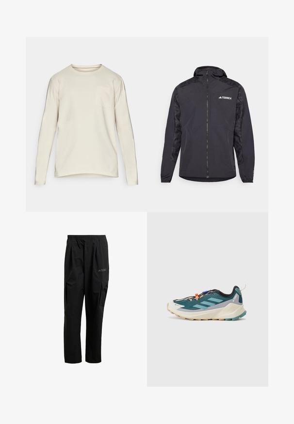 Svart Terrex-jakke med hette, glidelås og mønstrede ermer. Laget av lett materiale med elastiske mansjetter og rett snitt.; Langermet, rundhalset skjorte i lys beige bomull. Har en subtil lomme på venstre bryst og buet kant for en avslappet passform.; Sorte cargo bukser laget av lett materiale, med elastisk midje, sidelommer og en subtil logo på låret.; Terrengløpesko i mørk teal og svart, med en teksturert overdel, fremtredende sidestipser og en robust såle for bedre grep.