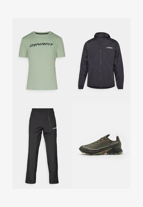Crna Terrex jakna s kapuljačom, zatvaranjem na zip i uzorcima na rukavima. Napravljena od laganog materijala s elastičnim manžetama i ravnim rubom.; Svijetlozeleni kratki rukav atletski majica s okruglim izrezom i crnim "DYNAFIT" logotipom otisnutim preko prsnog dijela. Izrađen od glatkog, prozračnog materijala.; Crne lagane vanjske hlače s elastičnim pojasom, džepovima na patentni zatvarač i otiskom logotipa. Glatka tekstura i kroj ravnih nogavica.; Maslinasto zelene tenisice za trčanje s teksturiranim gornjim dijelom od tkanine, crnim gumeni potplat, zaobljenim vrhom i podesivim vezanjem. Imaju crveni akcent.