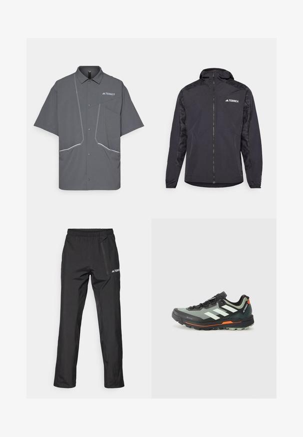 Svart Terrex-jacka med huva, dragkedja och mönstrade ärmar. Tillverkad av lätt material med elastiska muddar och rak nederkant.; Grå kortärmad skjorta med krage, framknappar, två fickor med vit sömnad och "TERREX"-logotyp på övre vänstra sidan.; Svarta lätta friluftsbyxor med elastisk midja, dragkedjefickor och tryckt logotyp. Slät textur och raka ben.; Lättviktig terränglöparskor med grå och svart mesh-ovandel, orangea accenter och en robust sula för bra grepp. Vattentät Gore-Tex-fodring.