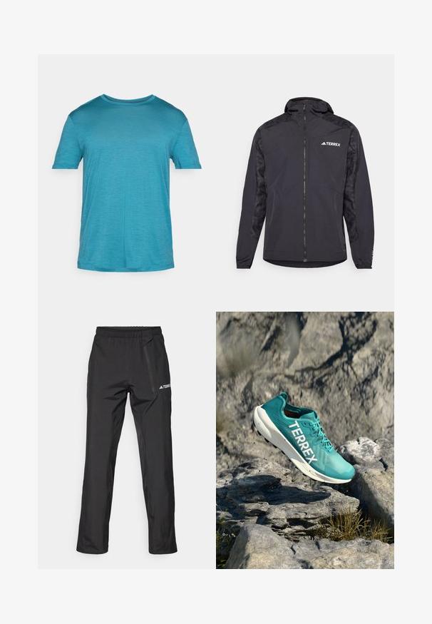 Fekete Terrex dzseki kapucnival, cipzáras záródással és mintás ujjakra. Könnyű anyagból készült, elasztikus mandzsettákkal és egyenes aljjal.; Akvakék, rövid ujjú póló könnyű anyagból. Kerek nyakkivágás, sima textúra és diszkrét melírozott minta az egész felületen.; Fekete könnyű szabású terepi nadrág elasztikus derékpánttal, cipzáras zsebekkel és nyomott logóval. Sima textúra és egyenes szárú szabás.; Akvakék sportcipő légáteresztő hálós felsőrésszel, fehér "TERREX" logóval, párnázott talppal és durva külsejű talppal, sziklás terepen felfüggesztve.