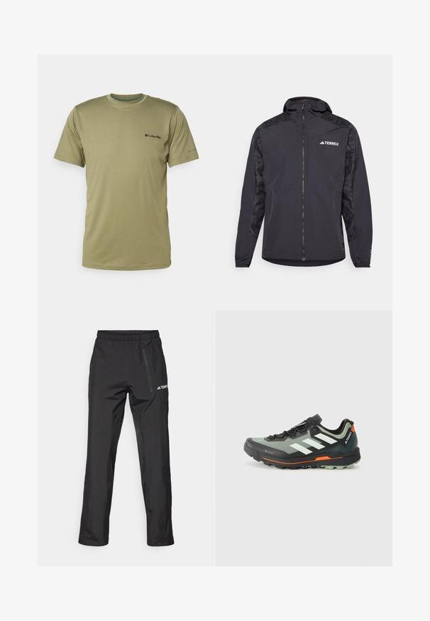 Svart Terrex-jakke med hette, glidelås og mønstrede ermer. Laget av lett materiale med elastiske mansjetter og rett snitt.; Kortermet olivenfarget T-skjorte laget av mykt stoff, med rund hals, Columbia-logo i svart og minimale sømdetaljer.; Svarte vanntette bukser laget av lettvektstoff, med elastisk midje og sidelomme med glidelås. Enkel, skreddersydd design.; Lettvekt løpesko for terrengløp med et grått og svart mesh-overdel, oransje detaljer og en robust såle for godt grep. Vanntett Gore-Tex fôr.