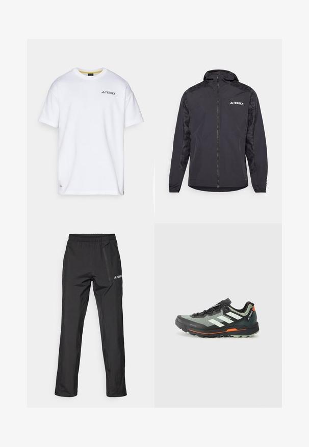 Musta Terrex-takki, jossa on huppu, vetoketjusulku ja kuviolliset hihat. Valmistettu kevyestä materiaalista, jossa on joustavat hihansuut ja suora helma.; Valkoinen lyhythihainen T-paita, joka on valmistettu puuvillasta. Tämässä on musta "TERREX"-logo vasemmassa ylärintap kohdassa ja keltainen sisäkaulus.; Mustat kevyet ulkohousut, joissa on joustava vyötärönauha, vetoketjutaskut ja painettu logo. Sileä pinta ja suora lahkeen leikkaus.; Kevyt maastojuoksukenkä, jossa on harmaa ja musta verkkokangas, oranssit yksityiskohdat ja kestävä pohja pitoon. Vesitiivis Gore-Tex-vuori.