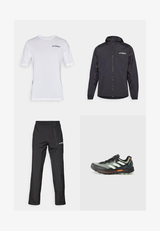 Svart Terrex-jakke med hette, glidelås og mønstrede ermer. Laget av lett materiale med elastiske mansjetter og rett snitt.; Hvit kortermet t-skjorte med nettingdetaljer nær skuldrene, med en "TERREX"-logo i mørk blå på brystet. Myk tekstur, vanlig passform.; Svarte lette turbukser med elastisk midje, glidelåslommer og trykt logo. Glatt tekstur og rette ben.; Lettvekt løpesko for terrengløp med et grått og svart mesh-overdel, oransje detaljer og en robust såle for godt grep. Vanntett Gore-Tex fôr.