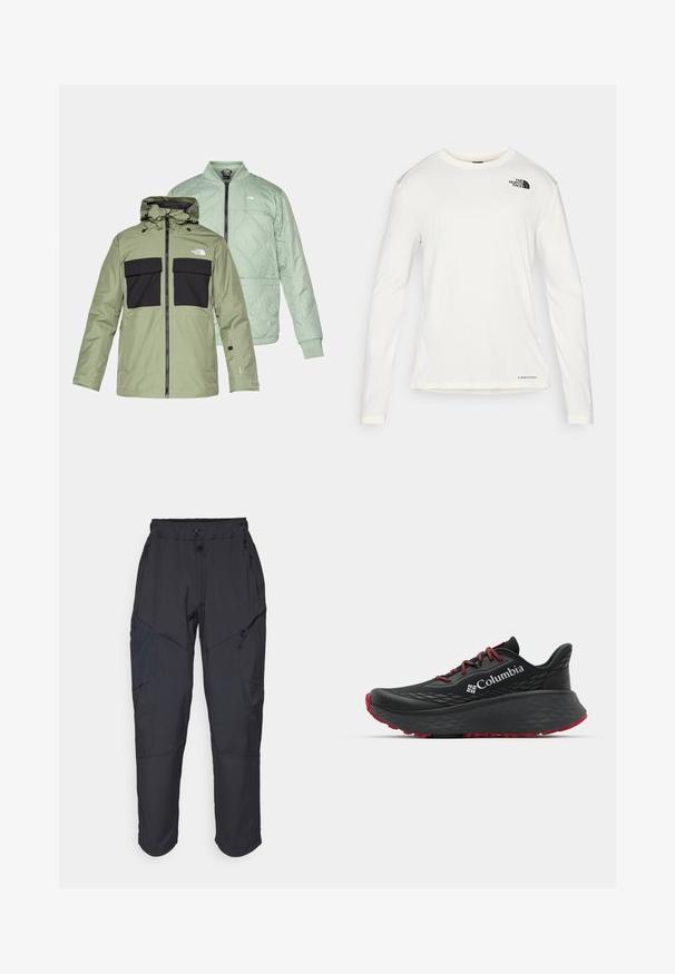 Du iki švarkai, persidengiantys vienas su kitu: alyvuogių spalvos vandeniui atsparus švarkas su juodais krūtinės kišenėmis ir gobtuvu bei šviesiai mėtinės spalvos pagalvėlių stiliaus švarkas.; Balta ilga rankove marškiniai su apvalia iškirpte, tekstūruota medžiaga, juodas logotipas kairėje petyje ir subtilus prekės ženklas apačioje.; Juodos krovinių kelnės, pagamintos iš lengvos, vandeniui atsparios medžiagos; turi elastingą juosmenį, kelis užtrauktukais uždaromus kišenes ir siaurėjančius šonus.; Juodas sportinis batelis su tekstūruota viršutine dalimi, raudonais raišteliais ir logotipu. Storas padas su raštuotu protektoriu traukai. Minimalistinis dizainas, šoninis vaizdas.