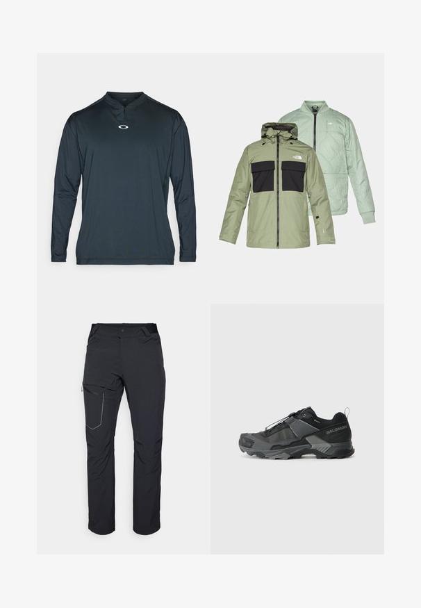 Kaksi takkia päällekkäin: oliivinvihreä vedenpitävä takki mustilla rintataskuilla ja hupulla, sekä vaaleanminttu vihreä pehmustettu bomber-tyylinen takki.; Tummansininen pitkähihainen urheilupaita, jossa on puolivetoketju ja pieni valkoinen logo rinnassa. Paidan kangas on sileää ja kevyttä.; Mustat ulkoiluhousut, joissa on vetoketjullinen reisitasku, joustava vyötärö ja sileä, vettä hylkivä kangas. Siisti muotoilu ilman näkyviä logoja.; Mustat maastohiihtokengät, joissa on kestävä verkkokansi, vahvistettu varvaskuppi, teksturoitu kumipohja ja joustava nauhajärjestelmä varman istuvuuden takaamiseksi.