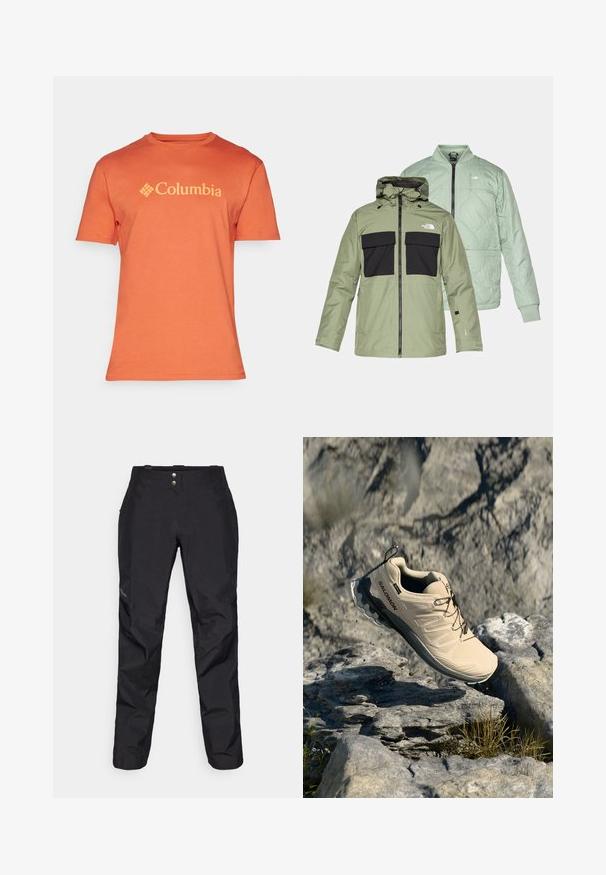 Zwei übereinanderliegende Jacken: eine olivgrüne wasserdichte Jacke mit schwarzen Brusttaschen und Kapuze sowie eine hellmintgrüne gesteppte Bomberjacke.; Oranges Baumwoll-T-Shirt mit Rundhalsausschnitt und kurzen Ärmeln, versehen mit einem auffälligen gelben "Columbia"-Logo über der Brust.; Schwarze wasserdichte Hose mit glatter Textur, ausgestattet mit zwei vorderen Knöpfen und schmal zulaufendem Bein-Design. Mit einem Logo an der Seite akzentuiert.; Beige Salomon Trailrunning-Schuh in der Luft über felsigem Outdoor-Gelände mit verstreutem Gras und kleinen Steinen.