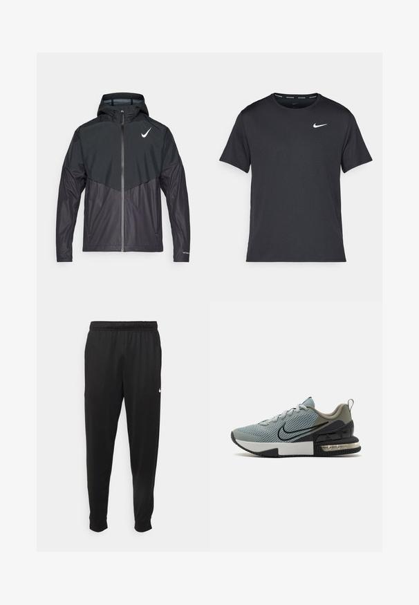 Sort atletisk jakke med glidelås foran, hette og to-tonet design. Har logo i hvitt på øvre venstre bryst og teksturert stoff.; Svart Nike løpe-T-skjorte laget av lett, pustende stoff, med korte ermer og en liten hvit logo på brystet.; Svarte treningsbukser laget av glatt stoff, med elastisk midje, smale ben og en liten hvit logo på venstre side.; Mesh idrettssko i lys blå med svarte detaljer, teksturert overdel, rund tå, snøring og luftdemping i hælen. Gummisal.