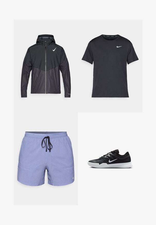 Jachetă sport neagră cu fermoar frontal, glugă și design bicolor. Prezintă un logo alb în partea stângă sus a pieptului și un material texturat.; Tricou de alergare Nike negru, fabricat dintr-un material ușor și respirabil, cu mâneci scurte și un mic logo alb pe piept.; Pantaloni scurți de alergare Nike mov, cu un design perforat, talie elastică, șnur negru ajustabil și un mic logo alb pe lateral.; Pantof sport negru cu un superior texturat, swoosh alb Nike și o tălpică din cauciuc alb. Dispune de un design cu șireturi și o formă dinamică.