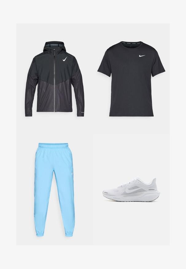 Sort sportsjakke med lynlås foran, hætte og et tofarvet design. Har et hvidt logo på den øverste venstre bryst og struktureret stof.; Sort Nike løbe T-shirt lavet af let, åndbart materiale, med korte ærmer og et lille hvidt logo på brystet.; Nike Performance FORM PANT - Træningsbukser - university blue/black/reflective silver; Hvide atletiksko med en overdel i mesh, glatte teksturerede overlejringer, grå accenter, snørebånd og en polstret sål designet til ydeevne.