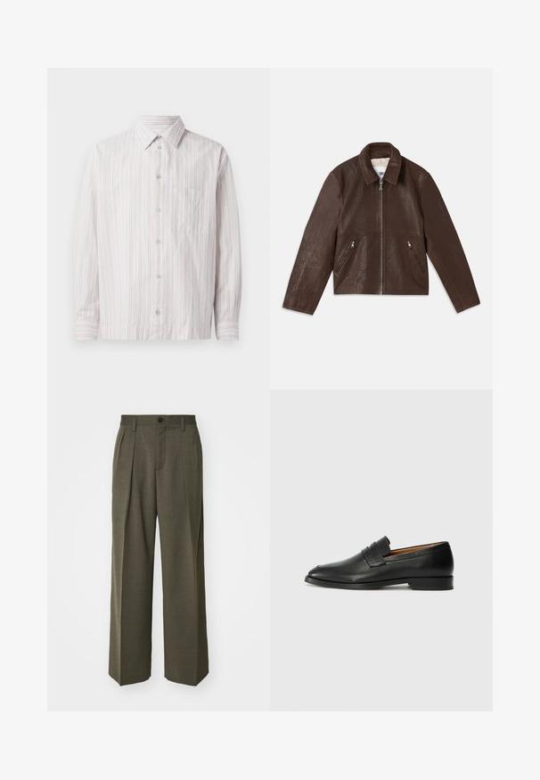 Brązowa skórzana kurtka z teksturowanym wykończeniem, zamek błyskawiczny oraz dwie boczne kieszenie. Posiada klasyczny kołnierz i prosty krój.; Biała koszula z długim rękawem i cienkimi różowymi pionowymi paskami, z kołnierzykiem typu pointed, jedną kieszenią na piersi i zaokrąglonym dołem.; Filippa K - Spodnie materiałowe; Czarne skórzane mokasyny z zaokrąglonym noskiem, subtelnymi przeszyciami i niskim obcasem, charakteryzujące się gładką teksturą i minimalistycznym designem.
