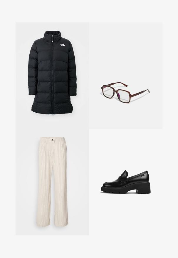 Black puffer coat with a high collar, zippered front, and stitched horizontal seams, featuring a logo on the left chest. Mid-length design.; Black turtleneck sweater made of lightweight knit fabric. Features long sleeves, a fitted design, and a soft ribbed texture.; Light beige wide-leg pants with vertical stripes, elastic waistband, and button closure. Made from textured fabric for a relaxed fit.; Black leather chunky-heeled loafer with thick sole and a strap detail across the top, shown from the side on a white background.; Brown, rectangular eyeglasses with transparent lenses and purple tints. Smooth plastic frame with straight temples and subtle accents.