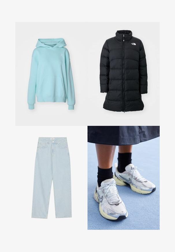 Černá péřová bunda s vysokým límcem, zapínáním na zip a šitými horizontálními švy, s logem na levém prsu. Střední délka.; Jordan Mikina - light dew/(white); Světle modré široké džíny z denimu, s mid-rise pasem, pěti kapsami a knoflíkovým zapínáním s úzkým kovovým akcentem.; Bílé a stříbrné tenisky Nike z prodyšné tkaniny s reflexními akcenty a béžovou podrážkou. Nosené s černými ponožkami, stojící na modrém povrchu.