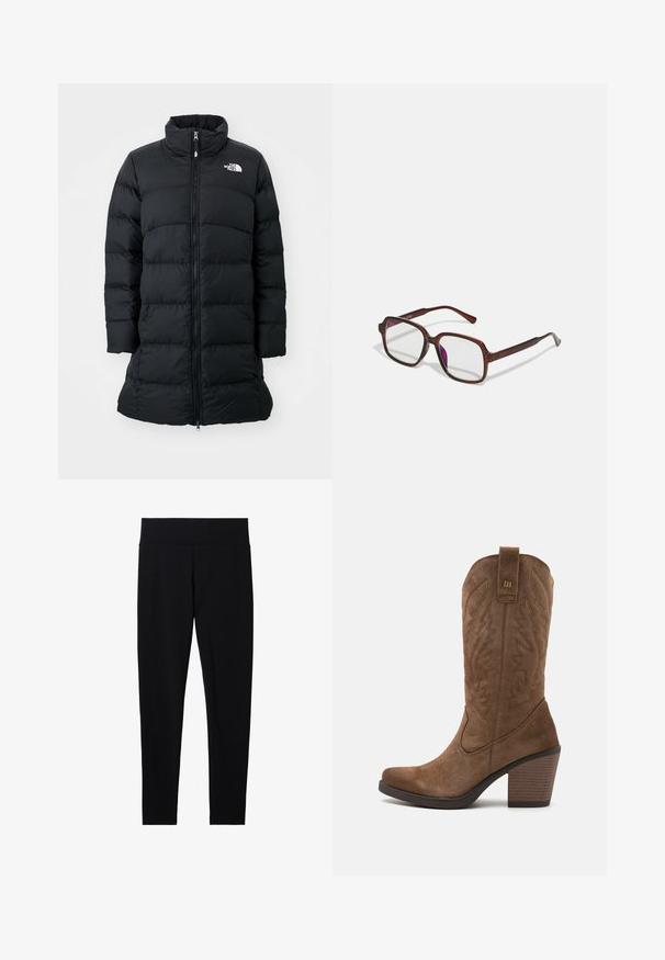 Manteau matelassé noir avec un col montant, une fermeture éclair à l'avant et des coutures horizontales piquées, avec un logo sur la poitrine gauche. Design mi-long.; Deux tops à manches longues en col roulé, l'un blanc et l'autre noir, fabriqués dans un tissu lisse et extensible, tous deux dotés d'une coupe ajustée et de cols hauts.; Leggings noirs extensibles avec une large ceinture douce, présentant une texture lisse et une silhouette ajustée, adaptés à diverses activités.; mtng TIJUANA - Bottes de cowboy / motard - brown/white; Lunettes rectangulaires marron avec des verres transparents et des nuances violacées. Monture en plastique lisse avec des branches droites et des accents subtils.