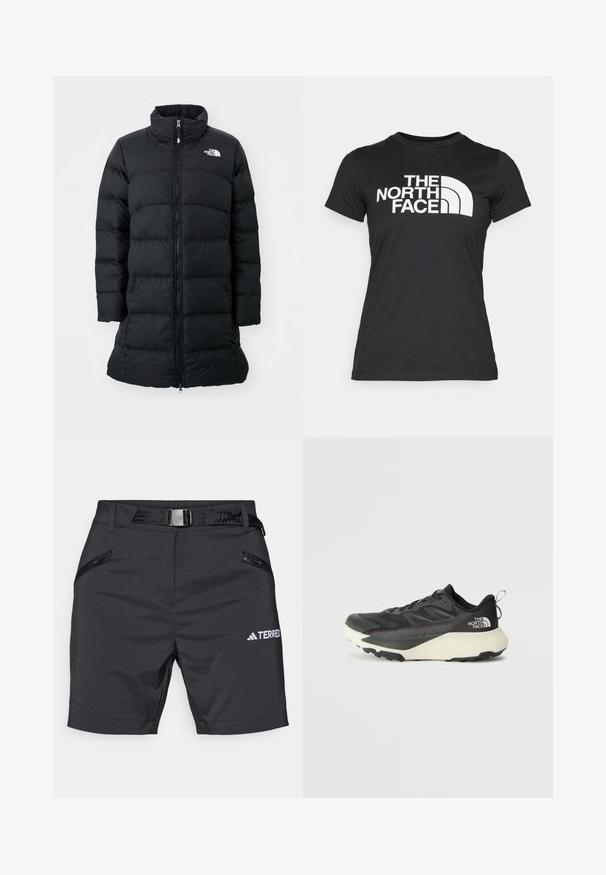 Abrigo de plumas negro con un cuello alto, frente con cremallera y costuras horizontales acolchadas, que presenta un logo en el lado izquierdo del pecho. Diseño de longitud media.; Camiseta negra de algodón con mangas cortas. Presenta un gran texto de logo blanco y un gráfico curvado en el frente. Textura suave.; Pantalones cortos negros para exterior hechos de tejido ligero. Presenta dos bolsillos con cremallera y un cinturón negro con una hebilla rectangular. Incluye el logo de TERREX.; Zapatilla deportiva negra con parte superior texturizada, que presenta acentos grises y una entresuela blanca. Incluye una lengüeta y un logotipo de la marca destacado en el talón.