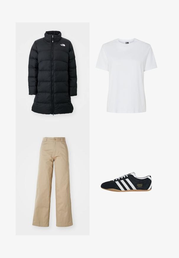 Fekete puffertöltetű kabát magas gallérral, cipzáras elülső résszel és vízszintesen varrt varratokkal, bal oldalon elhelyezett logóval. Közepes hosszúságú kialakítás.; Fehér pamut póló rövid ujjakkal és kerek nyakkivágással. Simább textúra, laza szabás, és nincsenek látható minták vagy díszítések.; Bej széles lábú nadrág, pamutból készült, gombos záródással és övlyukakkal, sima felülettel és letisztult kidolgozással.; Fekete velúr sportcipő fehér három csíkkal, arany logóval és barna gumitalppal. Alacsony profilú, fűzős dizájnnal rendelkezik.