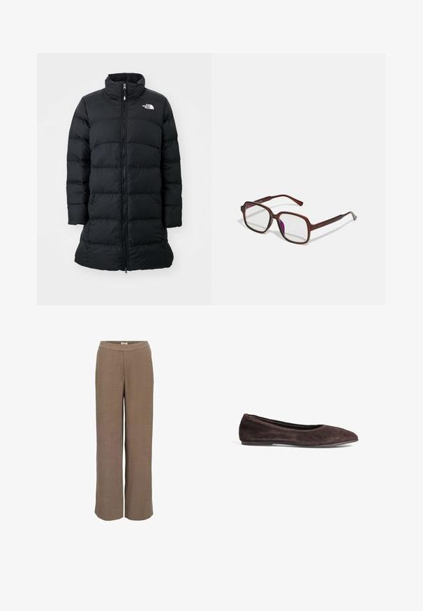 Sort pufferjakke med højt krave, lynlås foran og quiltede horisontale sømme, med et logo på venstre bryst. Mellemlang model.; Hvid bomulds T-shirt med korte ærmer og rund halsudskæring. Glat tekstur, afslappet pasform og ingen synlige mønstre eller detaljer.; Bredde bukser i en neutral brun nuance, med en glat tekstur og en elastisk talje for komfort og nem påklædning.; Brune ruskinds ballerina med spids tå og lav profil. Har en glat tekstur og minimalistisk design. Ingen synlig hardware eller accenter.; Brune, rektangulære briller med gennemsigtige linser og lilla nuancer. Glat plastisk stel med lige tempelstænger og diskrete detaljer.
