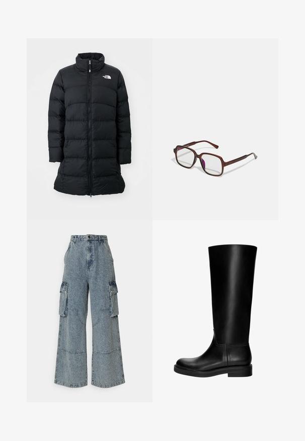 Fekete puffertöltetű kabát magas gallérral, cipzáras elülső résszel és vízszintesen varrt varratokkal, bal oldalon elhelyezett logóval. Közepes hosszúságú kialakítás.; Fehér pamut póló rövid ujjakkal és kerek nyakkivágással. Simább textúra, laza szabás, és nincsenek látható minták vagy díszítések.; Világoskék, bő szabású farmer cargo nadrág, elülső és oldalsó zsebekkel, texturált felülettel és látható varrási részletekkel.; Fekete bőrből készült, térd fölé érő csizma sima textúrával, lekerekített orral, visszafogott dizájnnal és alacsony, blokkal. Nincs látható fémalkatrész vagy minta.; Barna, téglalap alakú szemüveg áttetsző lencsékkel és lila árnyalattal. Simító műanyag keret, egyenes szárakkal és diszkrét díszítésekkel.; Barna velúr kézitáska ráncolt tetejével, ezüst színű fém kiegészítőkkel és két vállpánttal. Téglalap alakú és minimalista dizájn jellemzi.