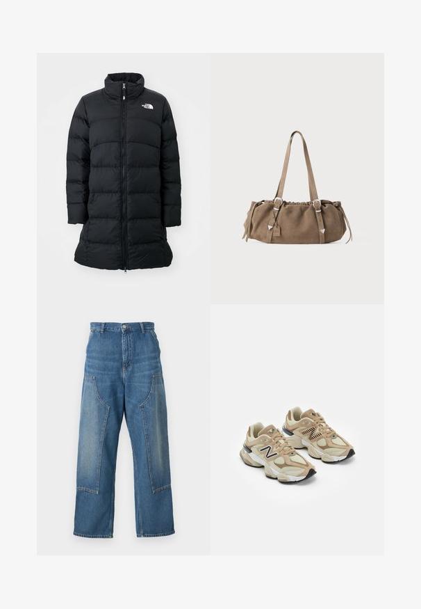 Zwarte pufferjas met een hoge kraag, ritssluiting aan de voorkant en gestikte horizontale naden, met een logo op de linkerkant van de borst. Middellange ontwerp.; Witte katoenen T-shirt met korte mouwen en een ronde hals. Gladde textuur, ontspannen pasvorm en geen zichtbare patronen of accenten.; Carhartt WIP BRANDON DOUBLE KNEE PANT - Relaxed fit jeans - blue dark used wash; Beige sneakers van mesh en nubuck materialen. Bevat een zwart logo en gegrandeerde accenten. Dikke witte tussenzool en zwarte rubberen buitenzool.; Bruine suède handtas met een gerimpelde bovenkant, zilveren hardware accenten en twee schouderbanden. Heeft een rechthoekige vorm en een minimalistisch design.