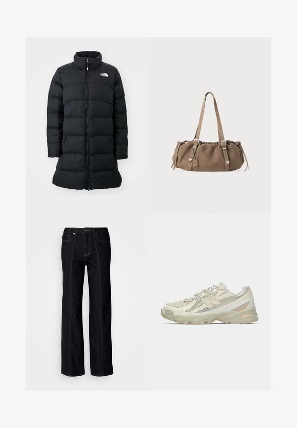 Crna puf jakna s visokim kragnom, frontom na zatvarač i šivenim horizontalnim šavovima, s logom na lijevoj strani prsiju. Jakna srednje dužine.; Bijela pamučna majica s kratkim rukavima i okruglim izrezom. Glatka tekstura, ležeran kroj i bez vidljivih uzoraka ili akcenta.; Crne široke traperice izrađene od denima, s vidljivim šavovima, kopčanjem na dugme i dva prednja džepa. Glatka tekstura s ravnim krojem.; Lagane tenisice s mrežastim gornjim dijelom u bež i krem boji, s istaknutim logotipom "N", mekanim potplatom i teksturiranim detaljima.; Smeđa nubuk torba s nabranim vrhom, srebrnim metalnim detaljima i dva remena za nošenje. Karakterizira je pravokutni oblik i minimalistički dizajn.