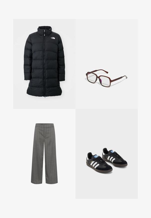 Black puffer coat with a high collar, zippered front, and stitched horizontal seams, featuring a logo on the left chest. Mid-length design.; White cotton T-shirt with short sleeves and a crew neckline. Smooth texture, relaxed fit, and no visible patterns or accents.; Gray wide-leg trousers with vertical white pinstripes, made from smooth fabric, featuring a flat waistband and front pockets.; Black sneakers with a suede and synthetic upper, featuring three white stripes, textured rubber sole, and blue logo tag on the tongue.; Brown, rectangular eyeglasses with transparent lenses and purple tints. Smooth plastic frame with straight temples and subtle accents.