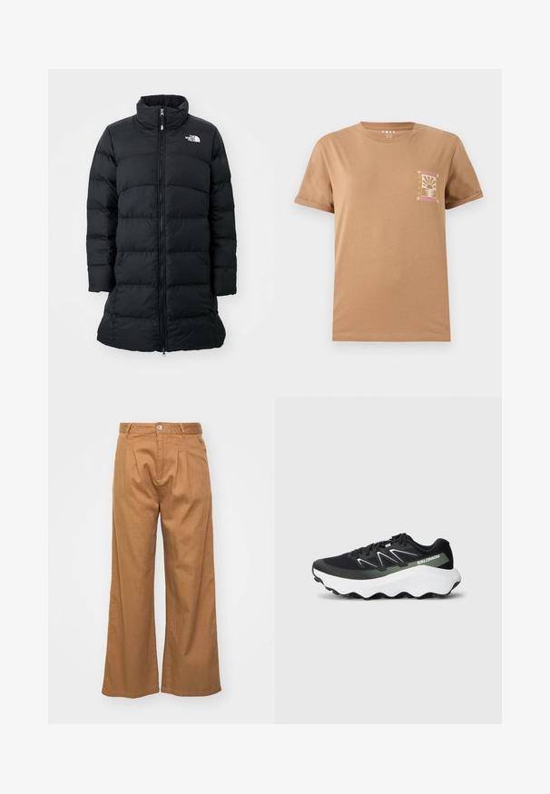 Svart pufferjakke med høy krage, glidelås foran og broderte horisontale sømmer, med en logo på venstre bryst. Midtlengde design.; Brun bomulls T-skjorte med korte ermer. Har en liten, fargerik grafikk på venstre brystområde som viser et solnedgangstema.; Lysebrune vide bukser med teksturert materiale, som har frontplisseringer og en enkelt knappelukking i livet.; Svarte treningssko med mesh-overdel, hvite og lysegrønne detaljer, en polstret hvit såle og et teksturert grep på yttersålen.