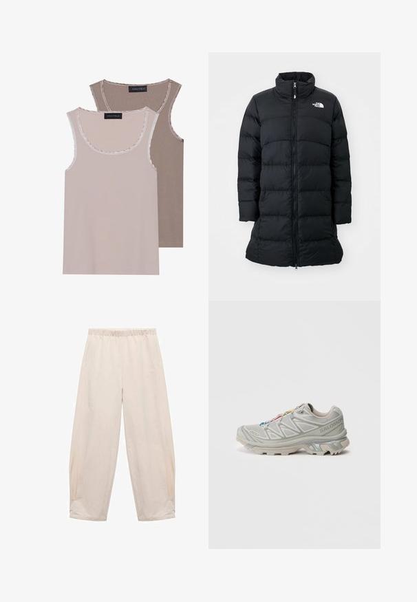 Čierny nafukovací kabát s vysokým golierom, predným zipsom a prešívanými horizontálnymi švami, s logom na ľavej hrudi. Stredne dlhý dizajn.; Dva tielka v svetlej béžovej a hnedej farbe, s rebrovanou textúrou, okrúhlym výstrihom a kontrastným lemovaním okolo goliera a ramien.; Teplákové nohavice s elastickým pásom v svetlo béžovej farbe. Vyrobené z jemnej látky, s bočnými vreckami a uvoľneným, voľným strihom. Zúžené pri členkoch.; Svetlošedá športová obuv s texturovaným sieťovinovým zvrškom, reflexnými akcentmi, výraznou podrážkou a farebnými šnúrkami. Má podpůrny dizajn.