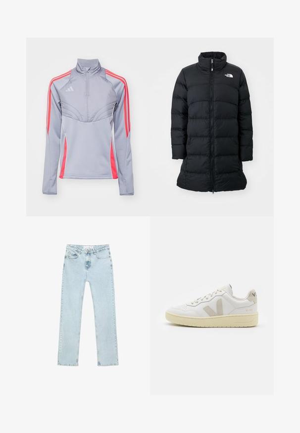 Svart puffjacka med hög krage, dragkedja framtill och stickade horisontella sömmar, med en logotyp på vänster bröst. Midje-lång design.; Ljusgrå träningsjacka med rosa detaljer, hög krage och dragkedja fram. Har tre ränder på varje ärm och en strukturerad design.; Ljusblå raka jeans av denim. Har framfickor, dragkedja med knapp och synlig sömnad längs sömmarna.; Vita lädersneakers med beige mockadetaljer, perforerad tåbox, platta snören och en texturerad krämfärgad sula. Har diskret varumärkning på hälen.