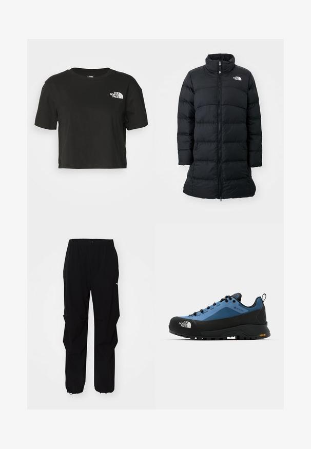 Schwarze Daunenjacke mit hohem Kragen, Reißverschluss auf der Vorderseite und gesteppten horizontalen Nähten, mit einem Logo auf der linken Brust. Mittellanges Design.; Schwarzes, gekürztes T-Shirt aus Baumwolle. Verfügt über einen runden Halsausschnitt und kurze Ärmel, mit einem weißen Logo auf der linken Brustseite.; Schwarze Outdoor-Hosen aus langlebigem Material, mit lockerer Passform, elastischem Bund und verstellbaren Bündchen für variable Längen.; Blaue und schwarze Wanderschuhe mit wasserdichtem Design, strukturiertem Gewebe und Gummisohle von Vibram für besseren Halt und Langlebigkeit.