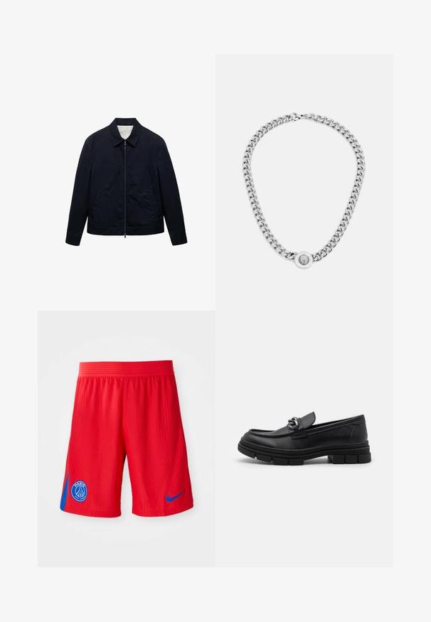 Mörkblå jacka med dragkedja framtill, krage, sidofickor och en skräddarsydd passform. Tillverkad av ett mjukt material med en något texturerad yta.; Två figurnära linnen i svart och vitt. Tillverkade av ribbat bomull, de har breda axelband och rundad halsringning. Logotypen finns på kragen.; Röda sportshorts med ribbat mönster, med en blå sidopanel och en cirkulär logotyp på vänster ben. Elastisk midja för komfort.; Svart läderloafersko med rund tå, en dekorativ rem och hårdvara, samt en chunky texturerad sula. Slät finish med subtila detaljer.; Silverfärgad kedjohalsband med tjocka länkar och en central rund berlock med intrikata detaljer. Slät, reflekterande metallyta.