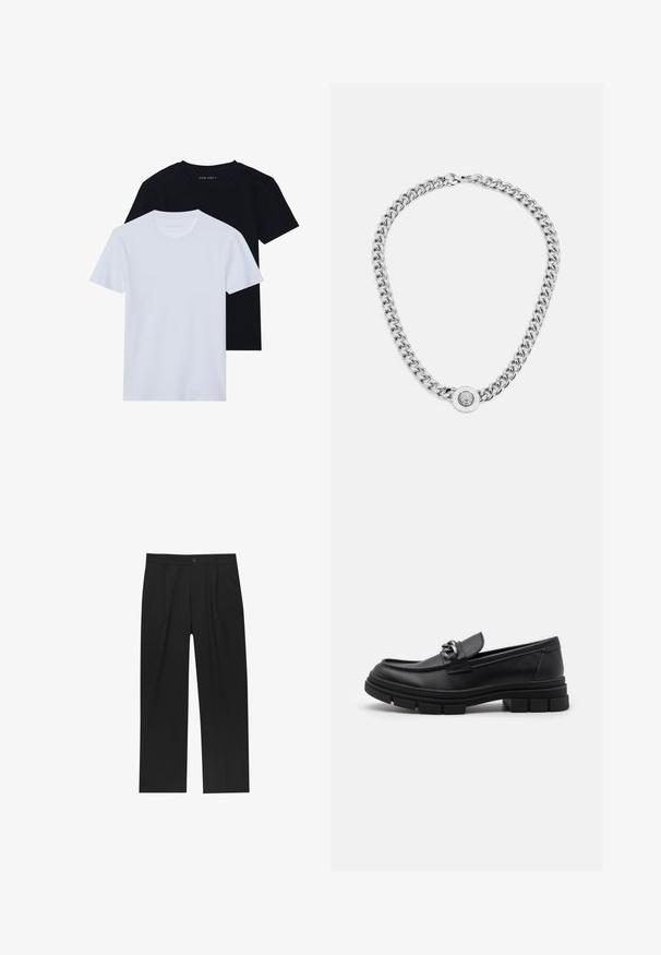Navyblauwe jas met een ritssluiting aan de voorkant, kraag, zijzakken en een getailleerde pasvorm. Gemaakt van een soepele stof met een licht gestructureerde uitstraling.; Twee korte mouwen crew neck t-shirts, één zwart en één wit, gemaakt van zacht katoen met een ribbelstructuur. Klassieke pasvorm.; Zwarte broeken met een recht model, gemaakt van een gladde stof. Voorzien van een voorplooien en een enkele knoopsluiting bij de taille.; Zwarte leren instapper met een ronde neus, een decoratieve band en hardware, en een chunky, gestructureerde zool. Glad afwerking met subtiele details.; Zilveren ketting met dikke schakel en een centraal ronde hanger met ingewikkelde details. Gladde, reflecterende metalen oppervlakte.