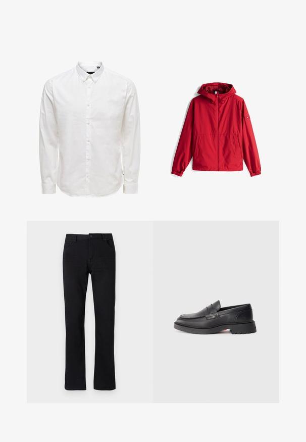 Rode lichtgewicht jas met capuchon, ritssluiting aan de voorkant, twee voorzakken, elastische manchetten en een merkaccent op de linkermouw.; Witte lange mouw knopsluiting shirt met een kraag, met een gladde textuur en zes knopen aan de voorkant. Getailleerde pasvorm met manchet mouwen.; Zwarte rechte spijkerbroek van denim. Voorzien van een ritssluiting, vijf zakken en subtiele stiknaden. Vlakke tailleband met een riemlus.; Zwarte leren instappers met een ronde neus, een verhoogde naad en een dikke rubbere zool. Eenvoudig ontwerp met minimale branding aan de zijkant.