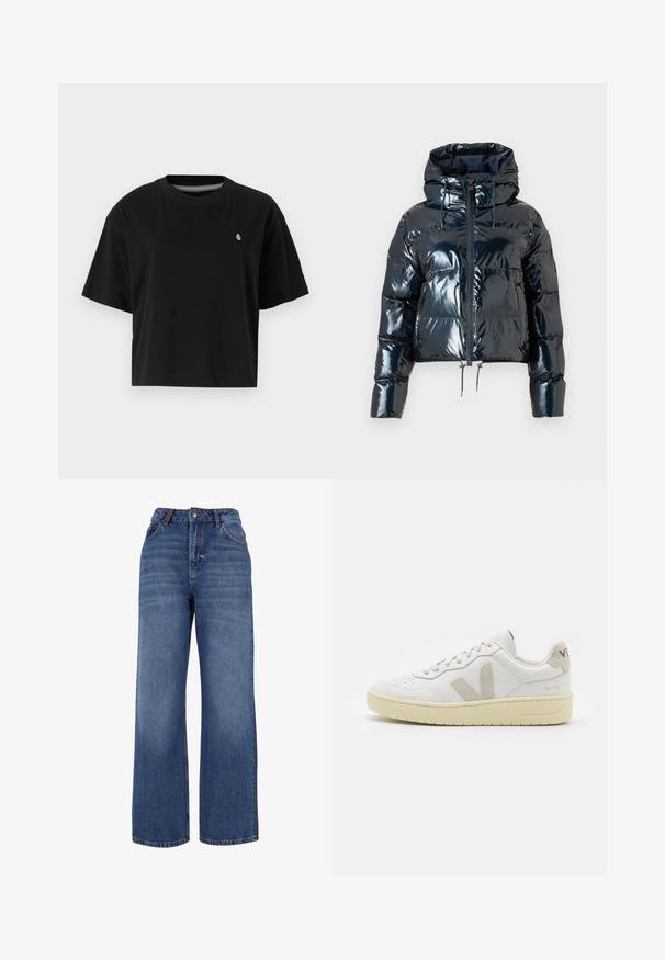 Glossy navy puffer jacket with a hood, front zipper, and drawstring adjustments. Features a boxy shape and large front pockets.; Black cropped t-shirt made of cotton, featuring short sleeves, a round neckline, and a small white logo on the left chest.; Wide-leg denim jeans made from medium-weight blue cotton fabric. Features classic five-pocket design and a zip fly with button closure.; White leather sneaker with beige suede accents, perforated toe box, flat laces, and a textured cream sole. Features subtle branding on heel.