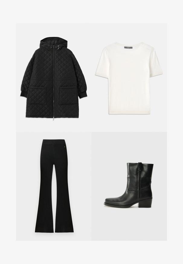 Casaco acolchoado preto com capucho, fecho à frente, dois grandes bolsos de chapa, mangas com punho e cordões ajustáveis no capucho.; Top de malha branco, de mangas curtas, com decote redondo, apresentando uma textura suave e discretos realces canelados nas mangas e na barra.; Calças pretas caneladas e evasê com um cós liso. Feitas em tecido texturizado, apresentam um ligeiro brilho e um pequeno detalhe de logótipo.; Bota de tornozelo em couro preto com bico arredondado, salto bloco, fecho lateral e detalhes em costura na parte frontal. Textura suave, design clássico.