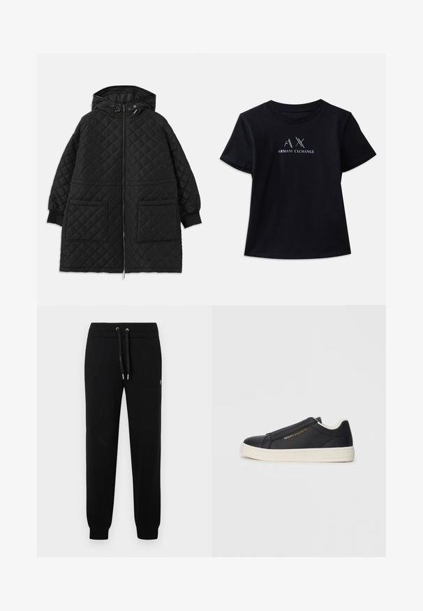 Černý prošívaný kabát s kapucí, předním zipem, dvěma velkými náprsními kapsami, manžetovými rukávy a nastavitelnými stahovacími šňůrkami na kapuci.; Černé tričko s krátkým rukávem a kulatým výstřihem. Na přední straně se nachází logo "AX" a text "ARMANI EXCHANGE" v kontrastní bílé barvě a kovových akcentem. Měkká látka.; Černé tepláky s elastickým pasem a stahovací šňůrkou, žebrovanými rukávy a diskrétním logem po straně nohavice.; Černé kožené slip-on tenisky s bílou podrážkou, zlatým logem "Armani Exchange" na boku a minimalistickým prošíváním.