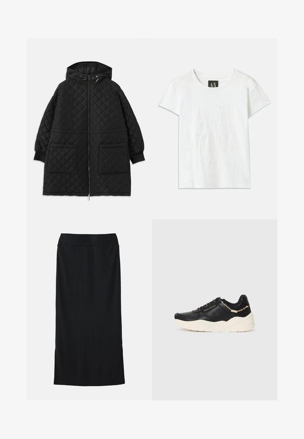 Μαύρο καπιτονέ παλτό με κουκούλα, μπροστινό φερμουάρ, δύο μεγάλες ραμμένες τσέπες, μανίκια με κουμπιά και ρυθμιζόμενα κορδόνια στην κουκούλα.; Λευκό βαμβακερό T-shirt με κοντά μανίκια, με ανάγλυφο λογότυπο "AX" μπροστά και κείμενο "ARMANI EXCHANGE" από κάτω σε διακριτικό σχέδιο.; Μαύρη midi φούστα σε λείο ύφασμα, με ενσωματωμένη ζώνη, ίσια σιλουέτα και πλευρικές σχισμές για ευκολία στην κίνηση.; Μαύρο δερμάτινο αθλητικό παπούτσι με χοντρή κρεμ σόλα, αξεσουάρ αλυσίδας σε χρυσό τόνο και μαύρες κορδόνες. Λείος υφή με ανάγλυφο λογότυπο στο πλάι.