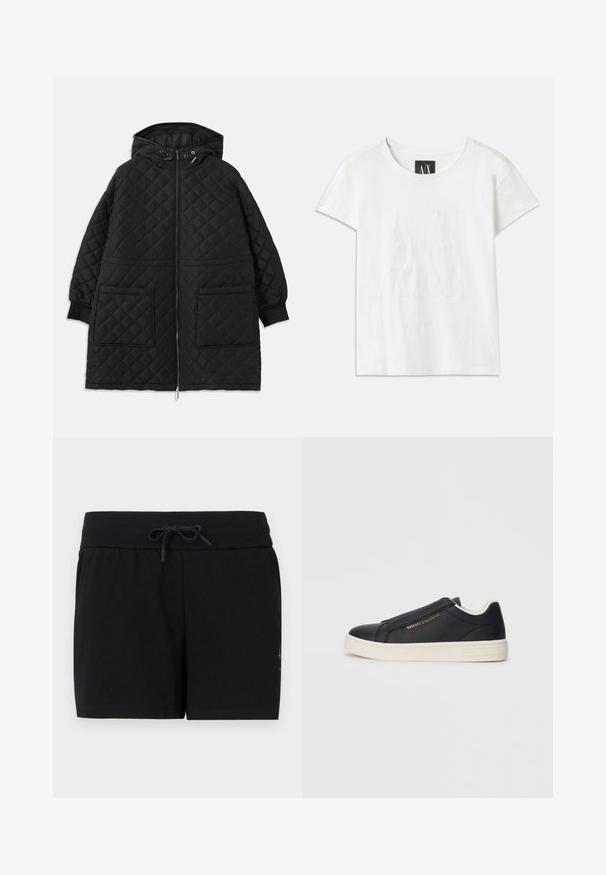 Juodas quilted gobtuvinis paltas su priekiniais užtrauktukais, dviem didelėm kišenėm, rankovėmis su gumyte ir reguliuojamomis raišteliais gobtuve.; Balta medvilnė marškinėliai trumpomis rankovėmis, ant kurių priekyje iškeltas logotipas "AX" ir po juo subtilus tekstas "ARMANI EXCHANGE".; Juodi medvilniniai šortai su elastiniu juosmeniui ir raišteliu. Pasirinkimas su švariu, paprastu dizainu ir lygia tekstūra.; Juodas odinis sportinis batai be raištelių su baltu padu, auksiniu "Armani Exchange" logotipu šone ir minimalistinėmis siuvimo detalėmis.
