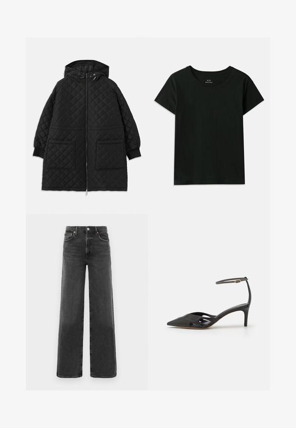Juodas quilted gobtuvinis paltas su priekiniais užtrauktukais, dviem didelėm kišenėm, rankovėmis su gumyte ir reguliuojamomis raišteliais gobtuve.; Juodas trumpomis rankovėmis T-marškiniai, pagaminti iš medvilnės. Su apvaliu kaklu ir iškilniu „Armani Exchange“ tekstu palei petį. Paprastas dizainas.; Juodos džinsinės kelnės su aukštu liemeniu, tiesiomis kojomis, priekyje su sagtele ir užtrauktuku, dviem priekinėmis kišenėmis ir dviem galinėmis kišenėmis.; Juodos odinės aukštakulnės bateliai su smailiu nose, atviromis šoninėmis dalimis ir plona kulkšnies dirželiu, kuriame yra mažas auksinis detalė.