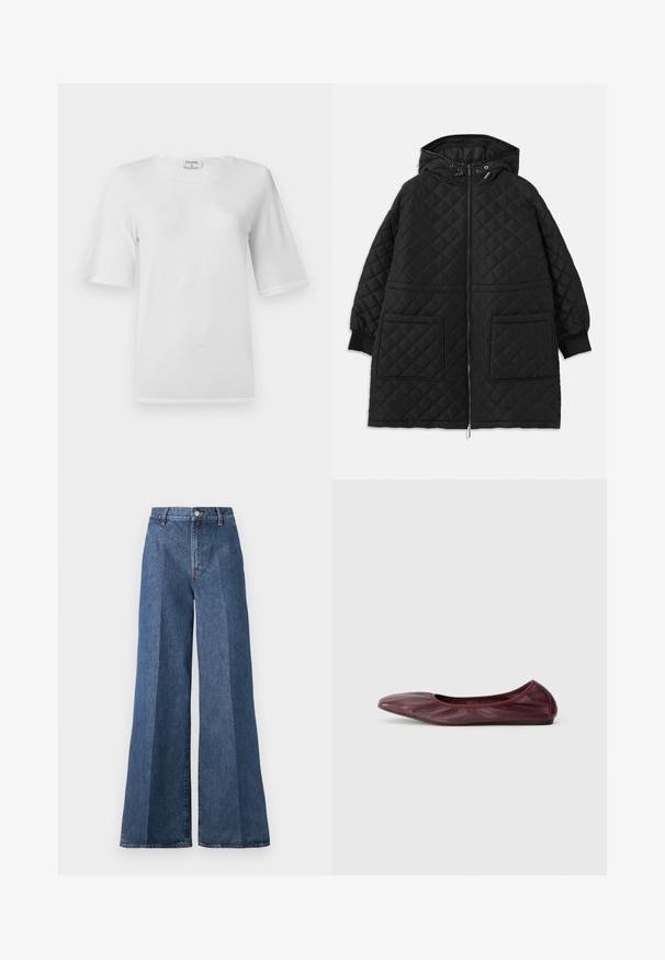 Mustruudist kübaraga must jakk esihingel, kahe suure plaastri taskuga, pihikute pööristhe ja reguleeritavate nööridega kapuutsil.; Valge T-särk lühikeste varrukatega ja ümmarguse kaelusega. Valmistatud pehmest puuvillast kangast. Omab lihtsat disaini, ilma nähtavate mustrite või aktsentideta.; Laiad sinised denimpüksid kõrge vöökohtusega, klassikalise viie taskuga ja nööpkinni, valmistatud tekstureeritud puuvillakangast.; Sügisene burgundi puhkepaar nahast ballett, millel on ümar nina, elastne serv ja sile tekstuur koos peene plekkimise detailiga.