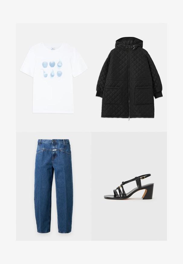Schwarzer gesteppter Mantel mit Kapuze, Frontreißverschluss, zwei großen aufgesetzten Taschen, angeschnittenen Ärmeln und verstellbaren Zugbändern an der Kapuze.; Weißes Baumwoll-T-Shirt mit einer blauen Grafik von sechs Obstillustrationen: drei Äpfel und drei Birnen, die in Form und Größe variieren.; Dunkelblaue Denim-Jeans mit einem entspannten Schnitt, fünf Taschen, gestickten Nähten und einem Knopfverschluss am Bund.; Paul Smith AMIRA - Pumps - black